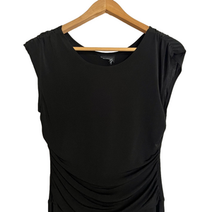 CLEARANCE easy pull-on sleeveless black midi dress with ruched waist